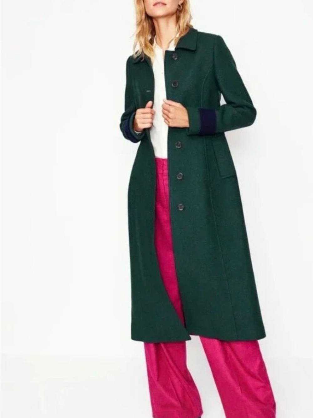 Boden Dark Forest Green Wool Coat with Navy Cuffs